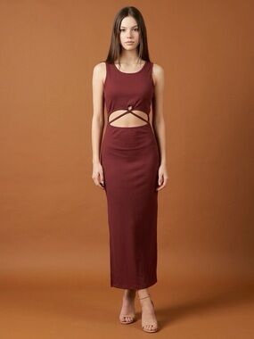 Native Daughters Ribbed Cutout Midi Dress Rust Brown Sleeveless S